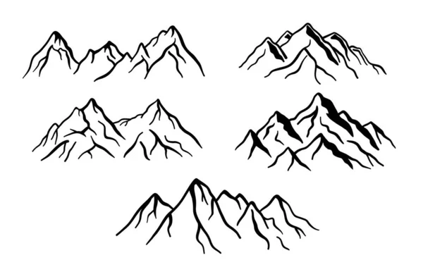 Different mountain ranges silhouette set. Collection of line drawing mountains. Vector illustration isolated on white Stock Illustration
