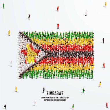 Zimbabwe Bayrağı. Büyük bir grup insan Zimbabwe bayrağını oluşturmak için şekilleniyor. Vektör İllüstrasyonu.