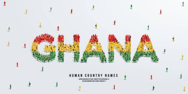 Büyük bir grup insan ayakta duruyor ve Gana kelimesini uyduruyorlar. Kalabalıktan yapılmış Gana bayrağı. Vektör illüstrasyonu beyaz arkaplanda izole edildi.