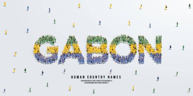Gabon kelimesini uyduran büyük bir grup insan ayakta duruyor. Kalabalıktan yapılmış Gabon bayrağı. Vektör illüstrasyonu beyaz arkaplanda izole edildi.