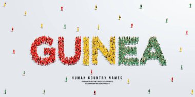 Büyük bir grup insan ayakta duruyor, Gine kelimesini uyduruyorlar. Kalabalıktan yapılan kobay bayrağı. Vektör illüstrasyonu beyaz arkaplanda izole edildi.