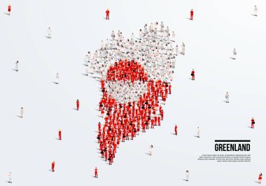 Grönland Harita ve Bayrak. Grönland bayrağı renginde haritayı oluşturmak için büyük bir grup insan. Vektör İllüstrasyonu.