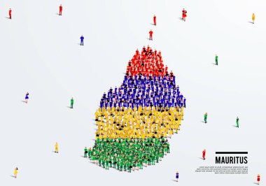 Mauritius Harita ve Bayrak. Mauritius bayrak renginde haritayı oluşturmak için büyük bir grup insan. Vektör İllüstrasyonu.