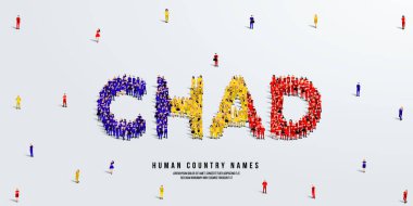 Çad kelimesini uyduran bir grup insan ayakta duruyor. Kalabalıktan yapılmış Chad bayrağı. Vektör illüstrasyonu beyaz arkaplanda izole edildi.