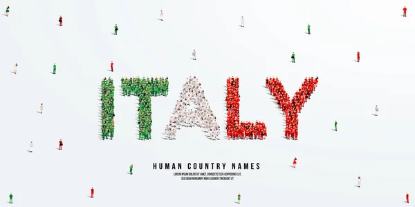 Grand Groupe Personnes Tient Debout Constituant Mot Italie Drapeau Italie — Image vectorielle
