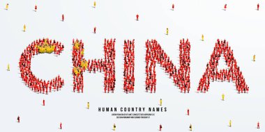 Büyük bir grup insan Çin kelimesini uydurarak ayakta duruyor. Kalabalıktan yapılmış Çin bayrağı. Vektör illüstrasyonu beyaz arkaplanda izole edildi.