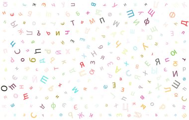 Rus alfabesinden, betiklerinden, harflerinden ya da düz stil karakterlerinden yapılmış renkli vektör arkaplanı.