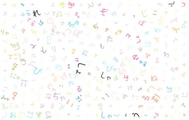 Japon Hiragana alfabesinden yapılmış renkli vektör arkaplanı, düz biçimli betikler, harfler veya karakterler.