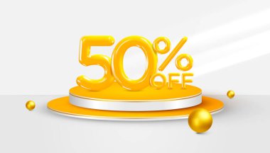 Yüzde 50 indirim. Podyum sahnesinde yüzde 3D 50 bonus sembol. Satış afişi ya da poster tasarımı. Vektör illüstrasyonu.