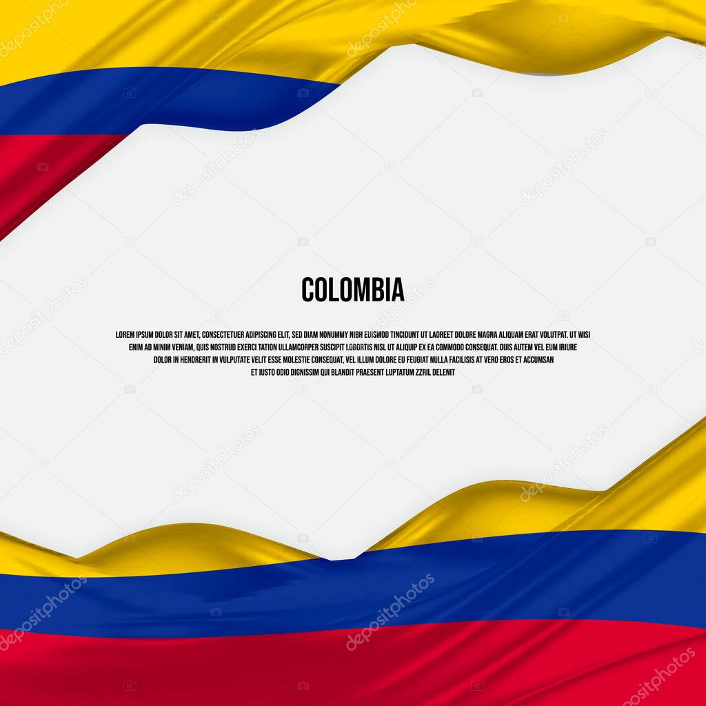 Colombia flag design. Waving Colombian flag made of satin or silk fabric. Vector Illustration.