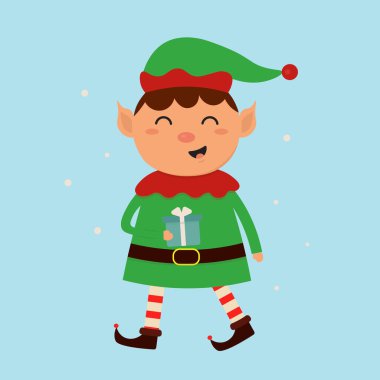 Mavi hediyeli şirin çizgi film elfi.