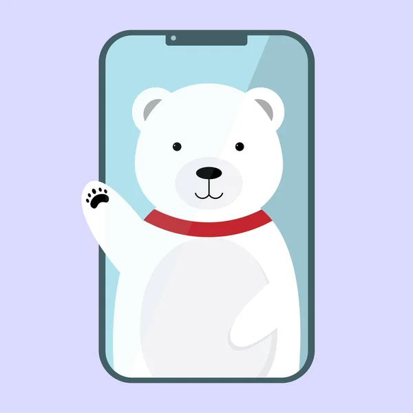 Κινούμενο Πολική Αρκούδα Χαιρετώντας Από Smartphone — Διανυσματικό Αρχείο