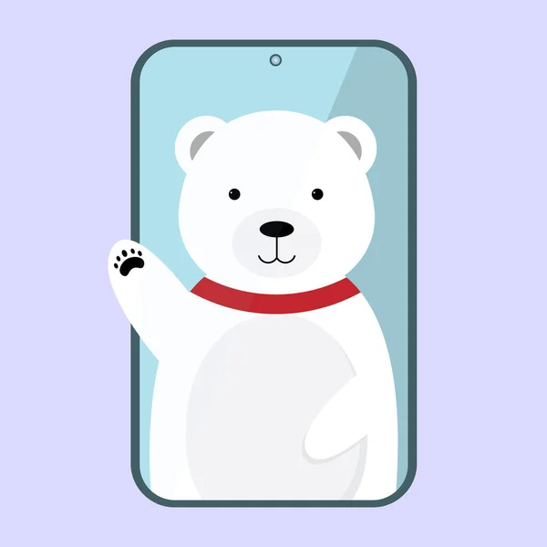 Urso Polar Dos Desenhos Animados Acenando Partir Smartphone —  Vetores de Stock