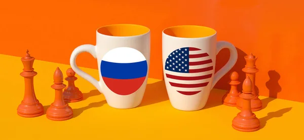 Národní Vlajka Kávový Pohár Šachy Diplomacie — Stock fotografie