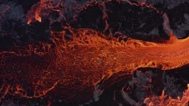 Top View Lava River Amidst Basaltic Landscape Volcano Aerial — Vídeos de Stock