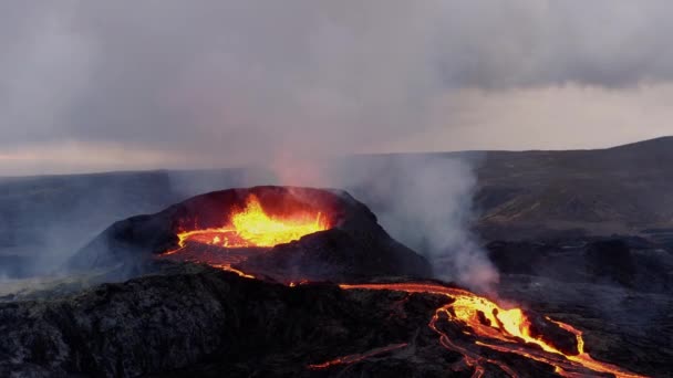 Hot Lava Magma Coming Out Crater Volcanic Eruption Aerial Drone — Stock video