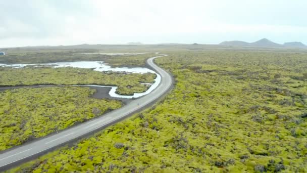 Vacant Road Amidst Green Landscape Reykjanes Peninsula Southwestern Iceland Aerial — Video