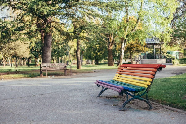 Tęcza Lgbtq Malowana Ławka Parku Słoneczny Letni Dzień Jako Wsparcie — Zdjęcie stockowe