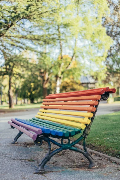 Lgbtq Regenboog Beschilderd Bank Een Park Zonnige Zomerdag Als Ondersteuning — Stockfoto