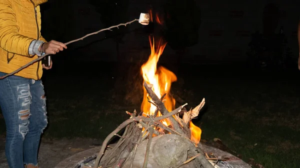 Hand Tree Stick Marshmallow Tip Burning Campfire Night — Stock Photo, Image