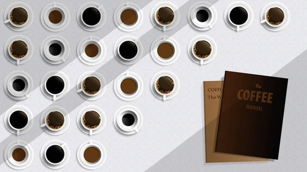 Vista Dall Alto Del Tavolino Con Tazza Caffè Libro Manuale — Vettoriale Stock