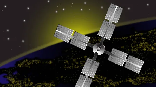 Dünyanın Yörüngesinde Dönen Bir Uydu Gerçekçi Uzay Gemisi Resim Vektörü — Stok Vektör