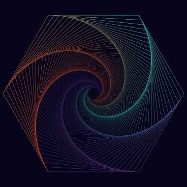 Hexagonal vortex line art style. Centered moving spiral lines. Neon effects background.