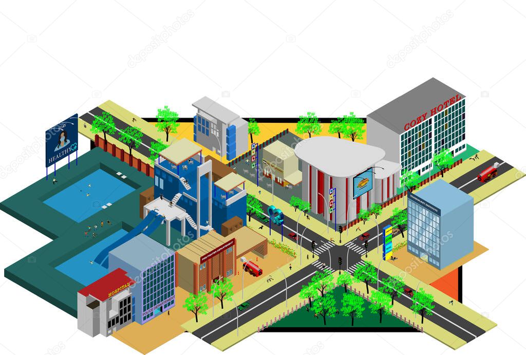 Cityscape cartoon image with isometric drawing style. Super complete icon set of urban lifestyle. Axonometric perspective image with comprehensive symbol of activities.