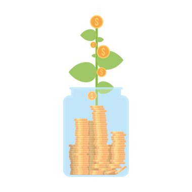 Vektör ağaçları parayı cam şişeye koyar.