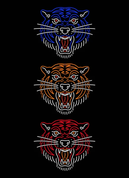 Ilustración Vectorial Tres Cabezas Tigre — Vector de stock