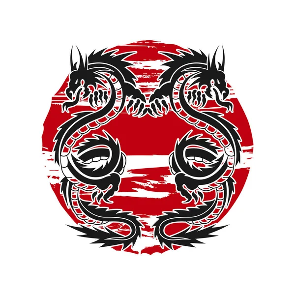 Vecteur Deux Dragons Jumeaux Avec Symbole Rouge — Image vectorielle