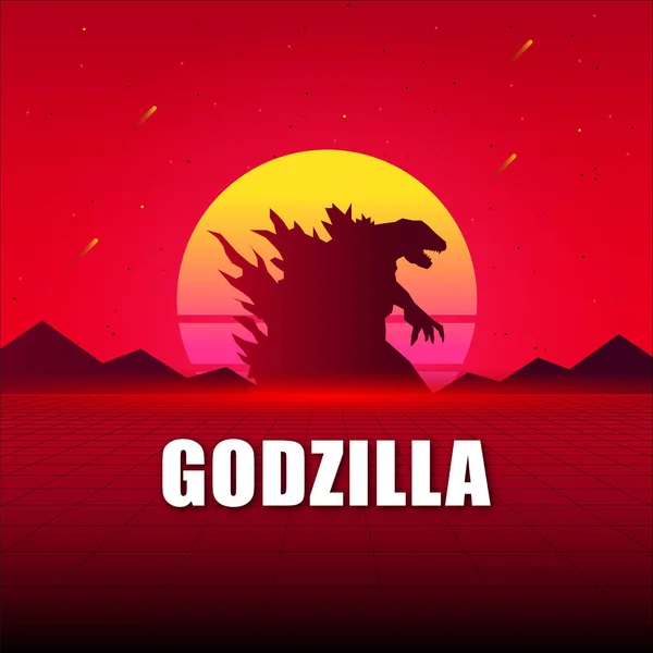 Illustrazione Vettoriale Godzilla Con Tramonto — Vettoriale Stock
