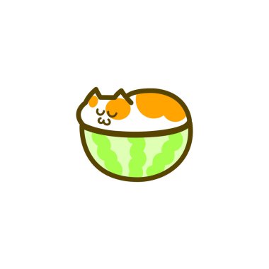 Sevimli kedi karakteri karpuz üzerinde uyuyor.