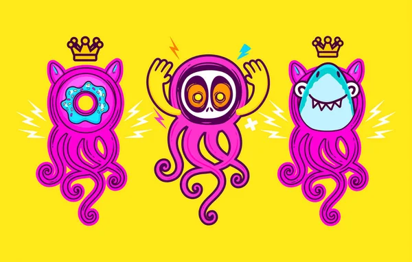 Tři Roztomilé Chobotnice Monster Znaky — Stockový vektor