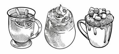 Elle boyanmış fincanlar. Kahve ve çay karışımı. Siyah-beyaz el yapımı.