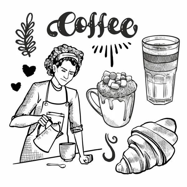 Auswahl Zum Kaffeethema Barista Schriftzug Tasse Kaffee Croissant — Stockvektor