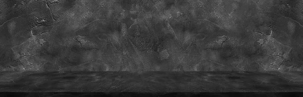 Tmavě Černá Široká Horizontální Dekorativní Cement Stěna Pokoj Pozadí Světlem — Stock fotografie