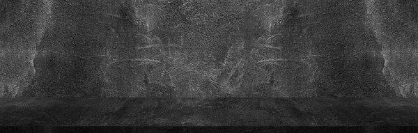 Tmavě Černá Široká Horizontální Dekorativní Cement Stěna Pokoj Pozadí Světlem — Stock fotografie