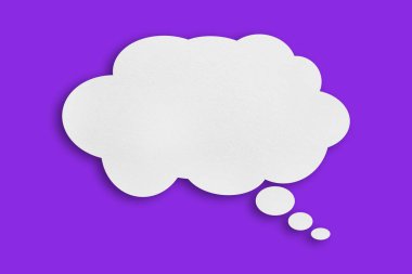 white cloud paper speech bubble shape against purple background design.