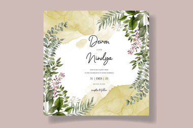 Güzel suluboya yeşil yaprak süslemeli düğün davetiyesi