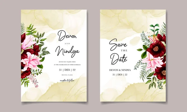 Πρόσκληση Γάμου Floral Όμορφο Λουλούδι Και Φύλλα — Διανυσματικό Αρχείο