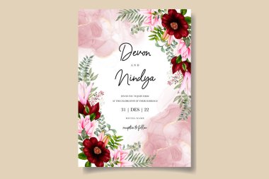 Zarif ve lüks suluboya çiçekli düğün davetiyesi.