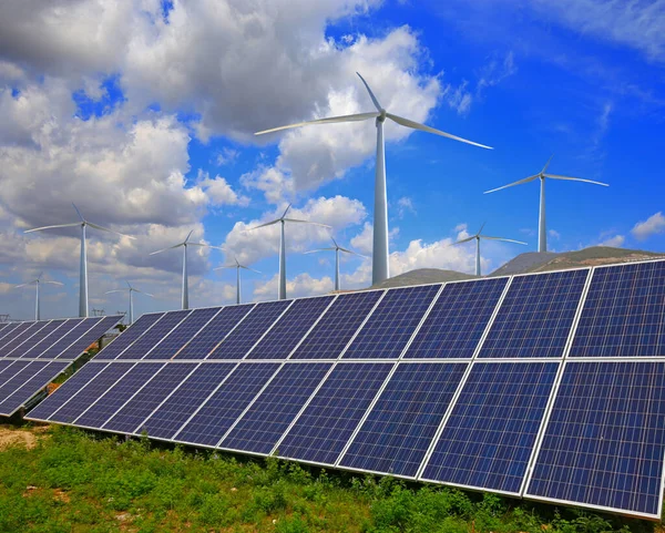 Solar Photovoltaic Panels Wind Turbines — Stock Photo, Image