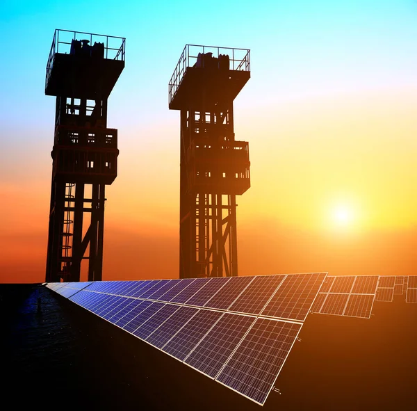 Koncept Čisté Energie Olejové Čerpadlo Solárními Panely Sluncem — Stock fotografie