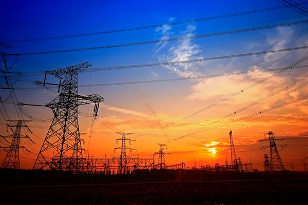 Torre Eléctrica Silueta Atardecer — Foto de Stock