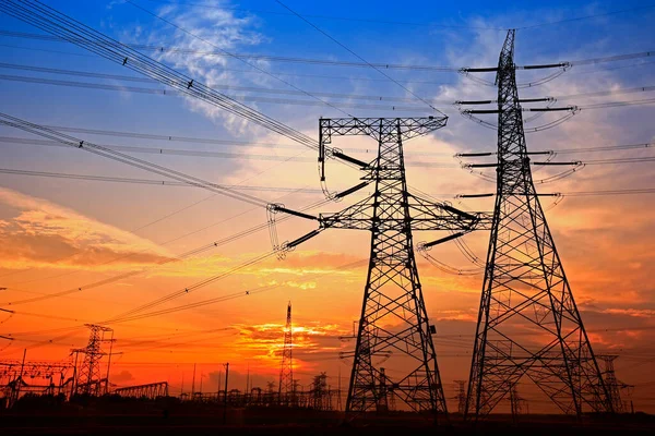 Elektrischer Turm Silhouette Bei Sonnenuntergang — Stockfoto