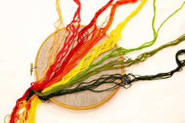 Embroidery hoop with natural linen fabric, with embroidery threads.