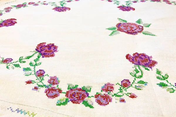 Elements Machine Embroidery Form Flowers White Linen Fabric — Stock Photo, Image