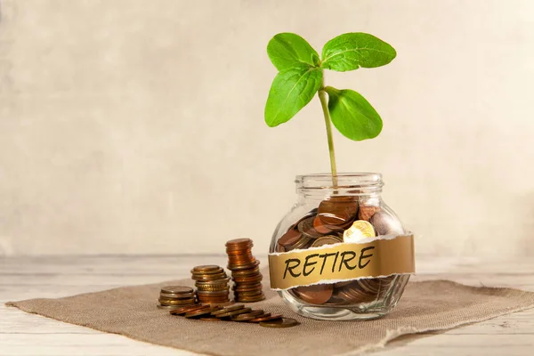 Emekli ol. Bozuk paralarla dolu cam kavanoz ve masada bir bitki ve yakınlarda birkaç bozuk para.. — Stok fotoğraf