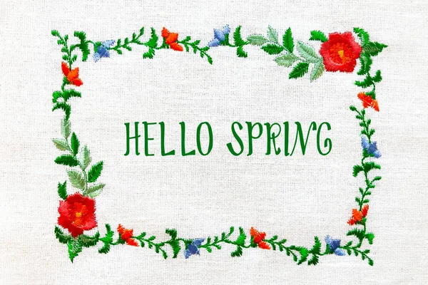 Moldura Primavera Forma Flores Pétalas Bordadas Tecido Texturizado Linho Branco — Fotografia de Stock